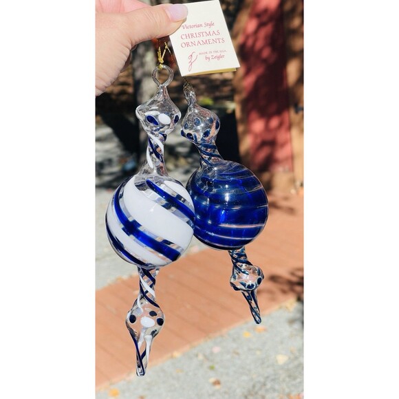 Lot of 2 Zeigler USA Victorian Glass Finial Ornaments 9" Blue White Clear Z 06 - Picture 2 of 13